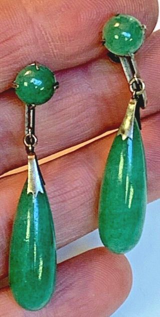 Antique Export Art Deco Silver Green Jade Jadeite Dangle Drop Screwbak Earrings