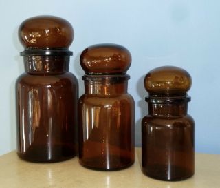 Vintage Belgium Brown Glass Apothecary Canister Set Of Three 3 With Bubble Tops