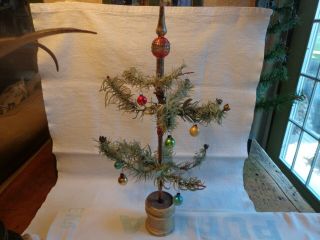Antique Feather Christmas Tree W Some Ornaments & Tree Topper 15 "