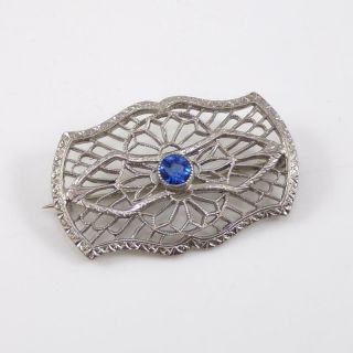 Vtg Antique Art Deco Sterling Silver Blue Paste Stone Filigree Pin Brooch Lfj4