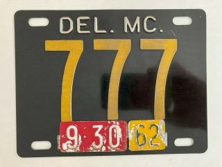 1950s 1962 Delaware Motorcycle License Plate Low Repeating Numbers 777