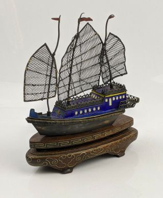 Chinese Silver & Enamel Model Of A Junk Ship On Wooden Stand C20th Exceptional