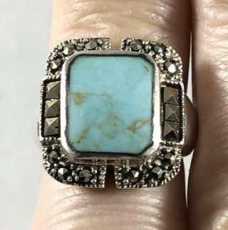 Vintage Art Deco Style Sterling Silver Turquoise Marcasite Ring Size 6