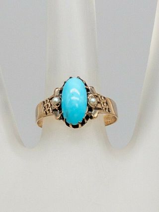 Antique Victorian 1890s 2ct Natural Turquoise Pearl 14k Yellow Gold Band Ring