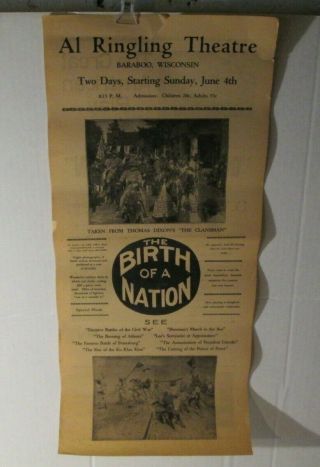 Vintage D.  W.  Griffiths Birth Of A Nation Broadside Poster Herald Look