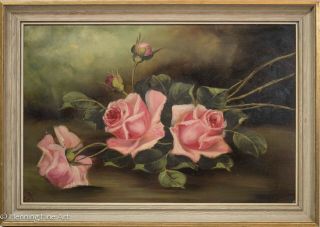 Antique Oil Painting Floral Still Life Signed " C.  A.  " Group Of Pink Roses,