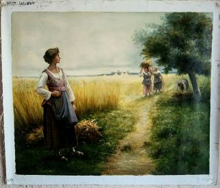 Antique Style Oil Painting Women In A Wheat Field Landscape Scene O/c