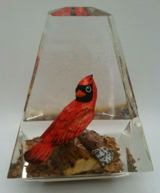 Lucite Paperweight Cardinal Unique Canada Hand Carved Wood Red Bird Vintage 5 " T