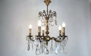 French Gilt Bronze Chandelier 5 Arm Ceiling Light With Crystal Droplets