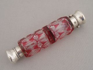 Antique Silver Topped Double Ended Scent Bottle Cranberry Flashed & Cut Glass