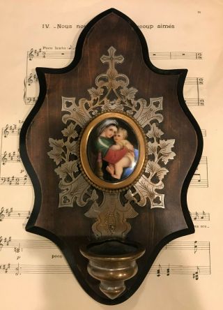 Antique French Madonna & Child Hand Painted Porcelain Holy Water Font C1880