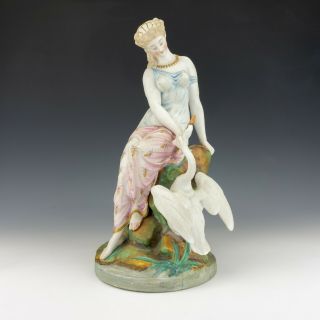 Antique Letu & Mauger Bisque Porcelain - Painted Parian Leda & The Swan Figurine