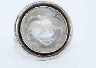 Lovely Antique Edwardian Art Deco Silver Carved Moonstone ‘man In The Moon’ Ring