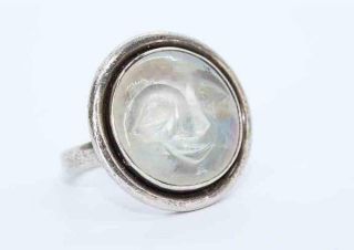 Lovely Antique Edwardian Art Deco Silver Carved Moonstone ‘Man in the Moon’ Ring 2
