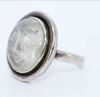 Lovely Antique Edwardian Art Deco Silver Carved Moonstone ‘Man in the Moon’ Ring 3