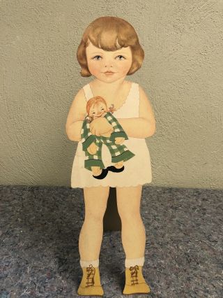 Large 18 3/4 Inch Antique " Sally Lou " Paper Doll With Attached Stand