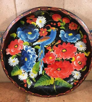 Vtg Mexican Folk Art Batea Hand - Painted Flower Parrot Carved Wood Tray Large 13 "