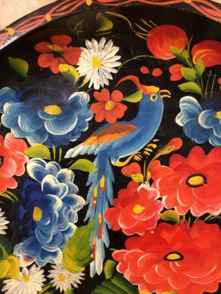 VTG Mexican Folk Art Batea Hand - Painted Flower Parrot Carved Wood Tray Large 13 