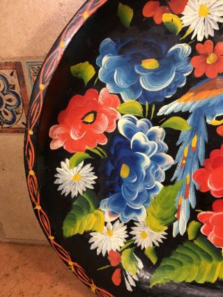 VTG Mexican Folk Art Batea Hand - Painted Flower Parrot Carved Wood Tray Large 13 