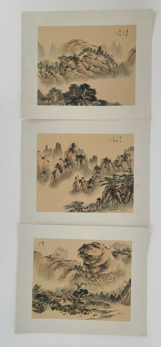 Vintage Chinese Watercolor On Silk Paintings Of Shanghai Mountains Set Of 3