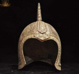 Antique Chinese Dynasty Bronze Ware Silver Generals Warrior Hard Hat Cap Helmet