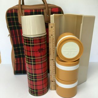 Vintage Thermos Brand Red Plaid Bag & Matching Bottle & Soup Containers Tartan