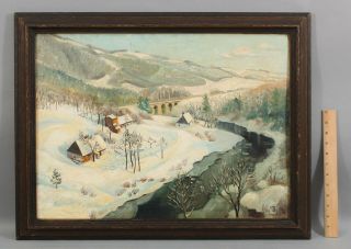 Antique American England Farm Folk Art Winter Snow Landscape Oil Painting