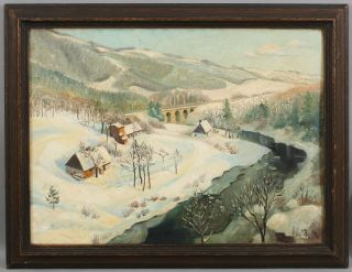 Antique American England Farm Folk Art Winter Snow Landscape Oil Painting 2