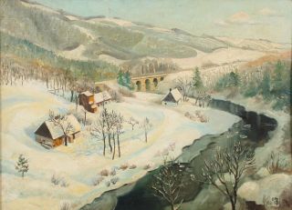 Antique American England Farm Folk Art Winter Snow Landscape Oil Painting 3
