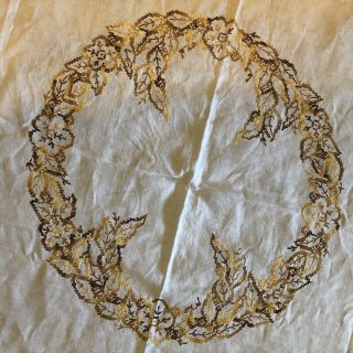 Vintage Round Tablecloth 67 Hand Embroidered Cross Stitch Linen Table Cover Gold 3