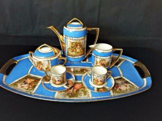 Antique Czech Bohemian Porcelain Gilded Cabaret Tea For 2 & Tray Set 1920 