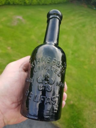 Vintage Black Glass Kirker Belfast Irish Beer Advertising Bottle Pub Bar Ireland