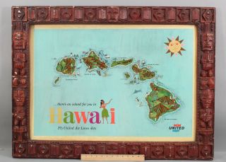 Rare Vintage United Airlines Hawaii Islands Travel Poster Print,  Tiki Idol Frame