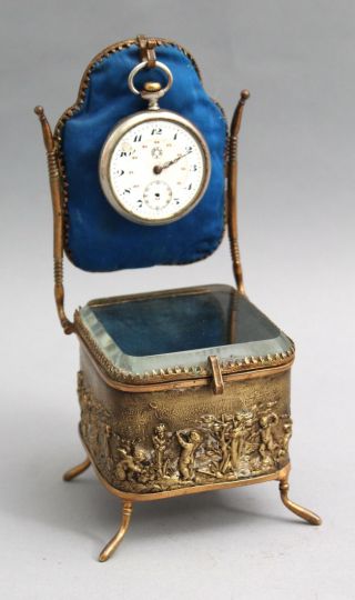 19thc Antique Brass Victorian Cherub Chair Dresser Box & Pocket Watch Holder