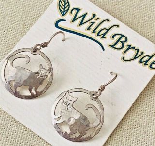 Vintage Wild Bryde Silver Tone Cat Pierced Earrings On Card
