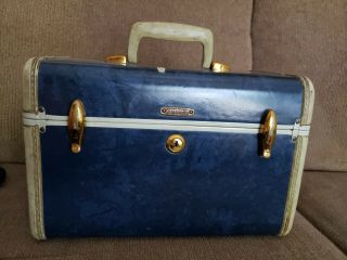 Vintage Samsonite Marbled Navy Make - Up Train Case Luggage Suitcase Blue