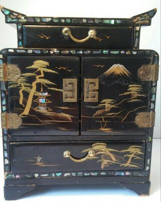 Vintage Japanese Black Lacquer Inlaid Shells 5 Drawer Jewelry Box Look