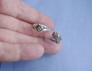 Old 2 Vintage Ruby Sapphire Emerald Marcasite Sterling Silver Ring For Repair,