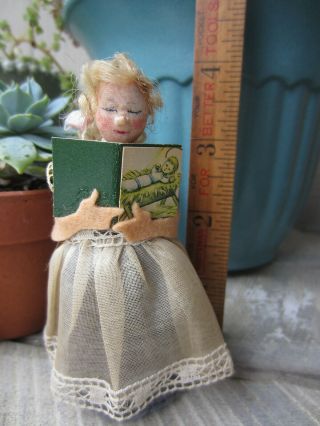 Vintage Dollhouse Miniature Handmade 4 " School Girl Doll Crochet Fabric Felt