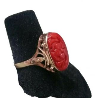 Antique 14k Yellow Gold Carved Floral Red Natural Coral Ornate Ring Size 6.  25