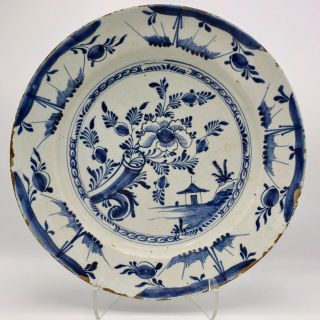 Antique Blue Delft 18th Century Porcelain Bowl / Plate 13.  5 " Diameter