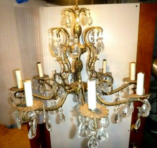 Vintage Ornate Antique 8 Arm 8 Light Glass Prisms Brass Spanish Chandelier