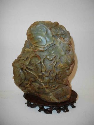 Antique China Top High Aged Qing Nephrite Jade Stone Sculpture With Dragons