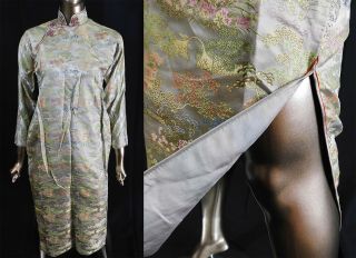 Antique Chinese Qipao Cheongsam Jewel Tone Silk Damask Brocade Banner Dress Vtg