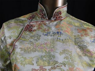 Antique Chinese Qipao Cheongsam Jewel Tone Silk Damask Brocade Banner Dress Vtg 2