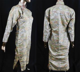 Antique Chinese Qipao Cheongsam Jewel Tone Silk Damask Brocade Banner Dress Vtg 3