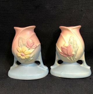 Hull Art Pottery Usa.  Vintage Candle Holders (2) Pink Green.  Flowers On Each Si