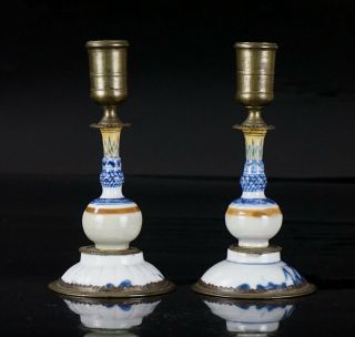 Pair Chinese Blue And White Candlesticks With Bronze Mounts Kangxi 18th C Marked