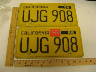 1956 56 1961 61 California Ca License Plate Tag Pair Set Ujg 908 - Yom Dmv,