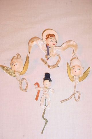 Vintage Pipe Cleaner Paper Mache Angels & Snowman Christmas Tree Ornaments